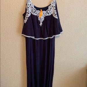 Navy Blue and White Lace Maxi Dress
